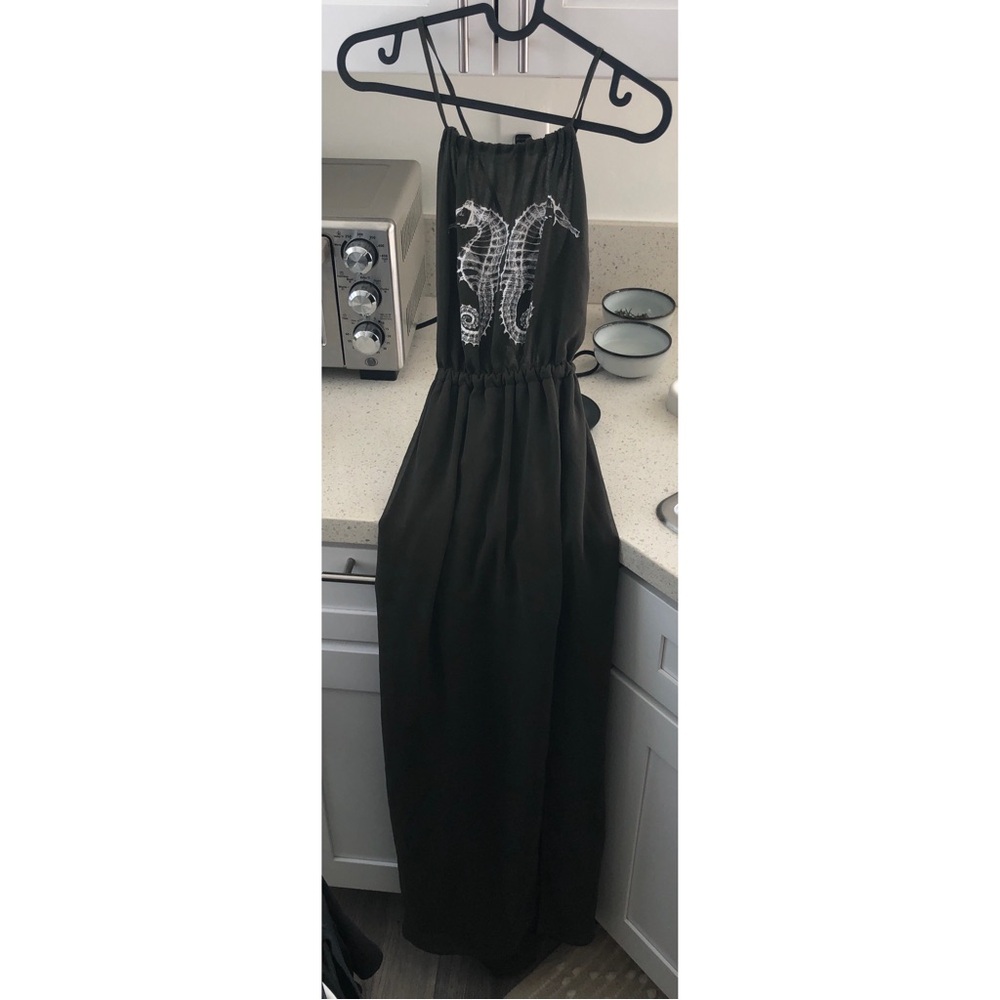 Olive Dark Green Seahorse Halter Maxi Dress Beach Long Lined Slit Open Leg Small